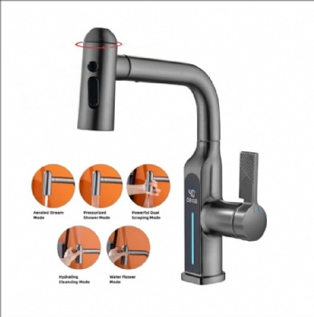Five Function Solid Brass Pull Out Bathroom Faucet with Digital Display